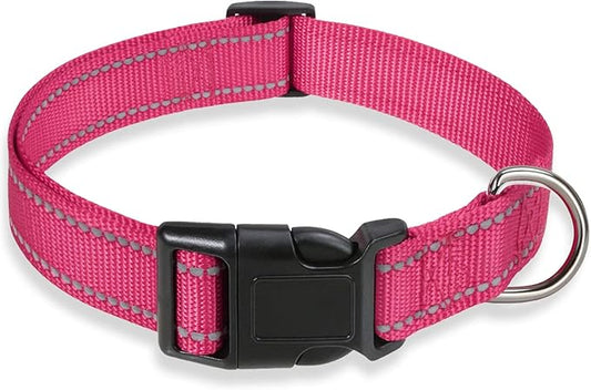 Reflective Dog Collar with Buckle Adjustable Safety Nylon Collars for Small Medium Large Dogs, Pink L