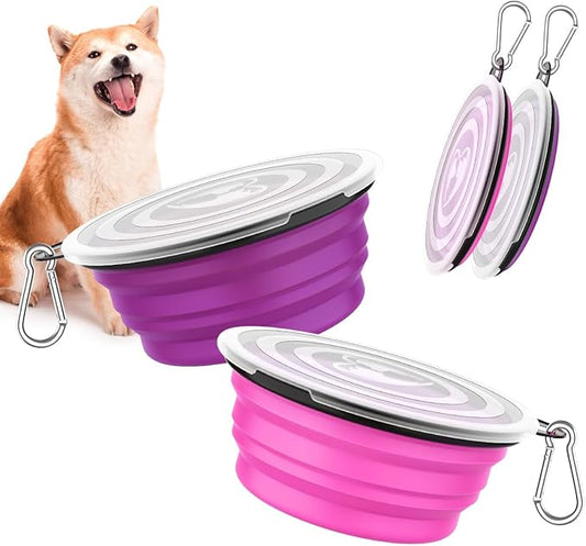 Pawaboo Collapsible Dog Bowls 2 Pack, Silicone Feeding Watering Bowls with Lids & Carabiners for Dogs Cats, Portable Water Feeder Food Bowl for Walking Traveling Home Use, Pink + Purple