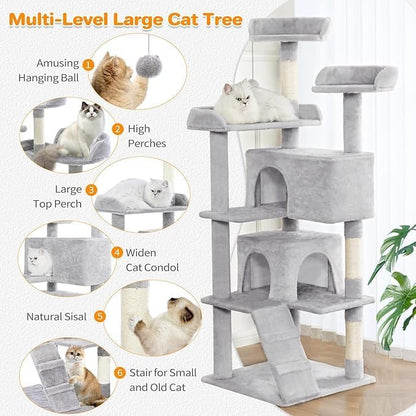 56-Inch Multi-Level Cat Tree Tower for Indoor Cats with 2 Condos, Scratching Posts & Hanging Toys – Large Cat Activity Center Furniture, Light Gray