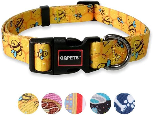 QQPETS Adjustable Soft Dog Collar: Print Flower Pink Multicolor Cute Patterns for XS Small Medium Large Pet Girl Boy Puppy Walking Running Training (M, Yellow Bee)