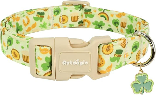 St. Patrick's Day Dog Collar,Light Green Puppy Collar with Lucky Shamrock,Adjustable Spring Cotton Collars Gifts for Small Medium Large Dogs,Dog Accessories L