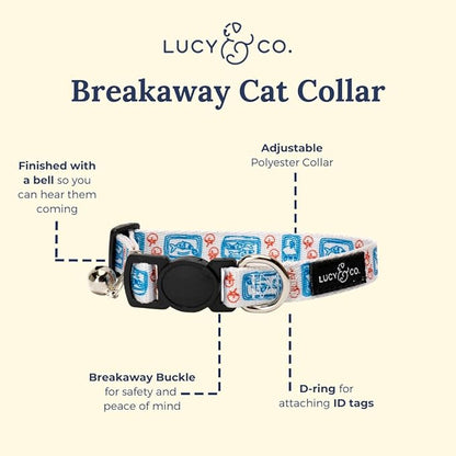 Lucy & Co. Tinned Fish Breakaway Cat Collar with Bell – Designer Print Adjustable Safety Collar for Cats, Kittens & Small Dogs, Lightweight Pet Collar for Boy & Girl Cats – Small