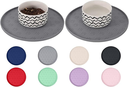 Comtim Waterproof Dog Food Mat - 2 Pack Silicone Pet Food Mat Dog Food Bowl Mats Cat Water Mats Eating Tray, Non-Slip Pet Placemat with Lip for Messy Drinkers to Protect Floor,Dark Grey 11"×11"