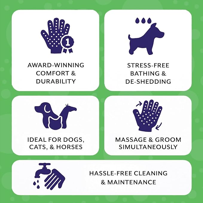 H HandsOn Pet Grooming Gloves - Patented #1 Ranked, Award Winning Shedding, Bathing, & Hair Remover Gloves - Gentle Brush for Cats, Dogs, and Horses (Green, Junior)