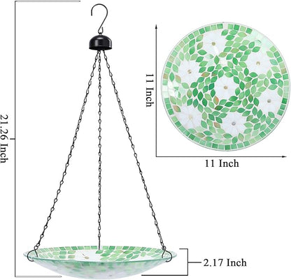 VCUTEKA Hanging Bird Bath, Glass Mosaic Bird Baths for Outdoors Birdfeeder with 21 inch Rust-Proof Chain for Garden Yard Decor