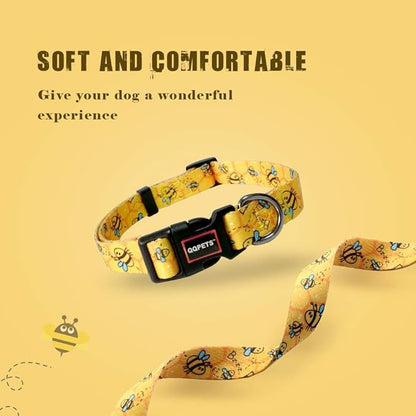 QQPETS Adjustable Soft Dog Collar: Print Flower Pink Multicolor Cute Patterns for XS Small Medium Large Pet Girl Boy Puppy Walking Running Training (L, Yellow Bee)