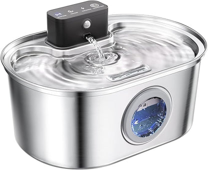 Cat Water Fountain Cordless, Stainless Steel Pet Water Fountain Wireless – 3.2L/108oz Battery Operated Automatic Water Dispenser for Cats Indoor, with Motion Sensor & Quiet Pump (4 Filter & Sponge)