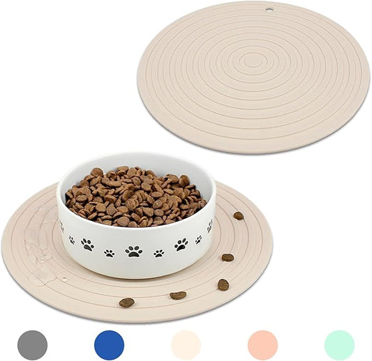Ptlom Silicone Pet Food Mat for Dogs and Cats Placemat 2Pcs, Waterproof Non-Slip Feeding Bowl Mats Prevent Food and Water Overflow, Silicone Puppy Mat Suitable for Small Medium Pets, Beige, 9.5Inch