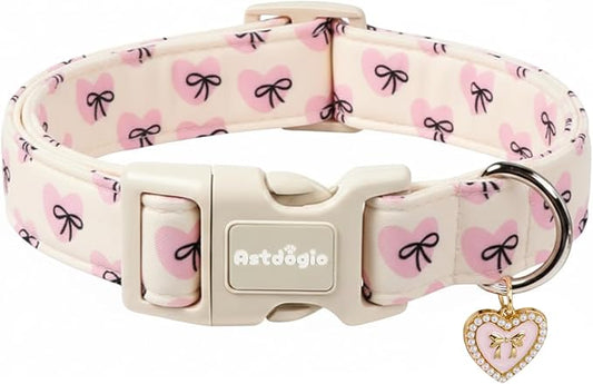 Bow Dog Collar with Pink Heart, Adjustable Cotton Dog Collar for Small Medium Large Dogs, Cute Puppy Collar for Girl Boy Dogs, Ideal for Gifts,Pet Accessory,XS
