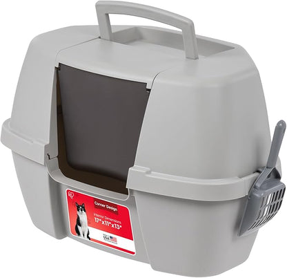 IRIS USA Corner Cat Litter Box Enclosed with Scoop - Privacy and Easy Access for Cleaning, Odor Defensive Hooded Litter Tray, Sturdy Stain Resisting Plastic, Fits in Most Corners, Gray