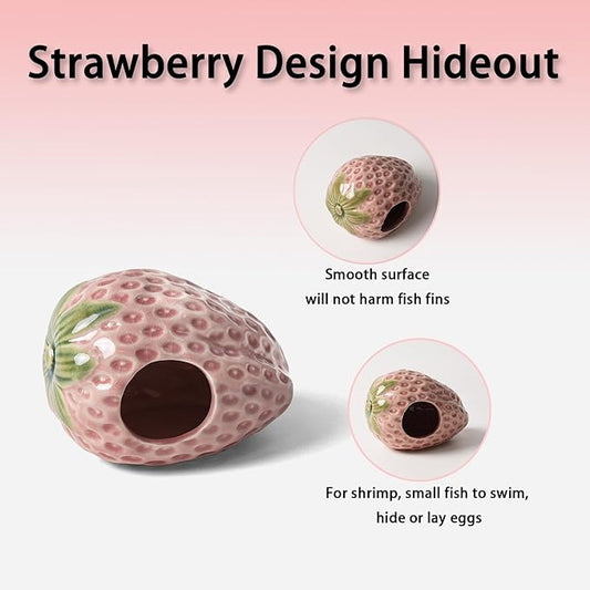 Aquarium Decor Cave Betta Fish Aquarium Accessories Ornaments Hiding Cave Strawberry House Hideout for Shrimp Cichlid Hermit Crab, Octopus Hiding Breeding for Tank (Pink)