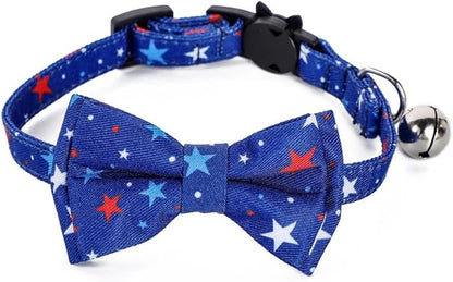 2-Pack Breakaway Cat Collars with Removable Double-Layer Bow Tie and Bell for Boy and Girl Cats Safety Kitten Collars Suitable for Festivals and Daily. (Independence Day)