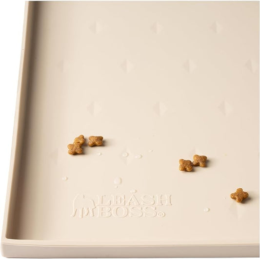 Leash Boss Dog Food Mat - Waterproof Cat & Dog Bowl Mat for Food and Water, Silicone Pet Feeding Mats for Floors, Non-Slip Placemat with High Edges, Puppy Essentials (ML: 20"x13", Beige)