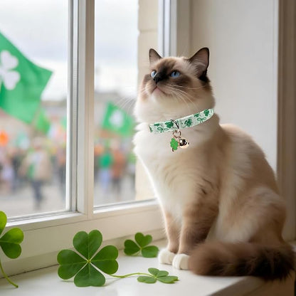 Cat Collar,2Pack St.Patrick's Day Cat Collars Cute Breakaway Kitty Collars,Spring Green Shamrock Cat Collar with Bell, Lucky Clover Kitten Collars with Safety Buckle for Girl & Boy Cats