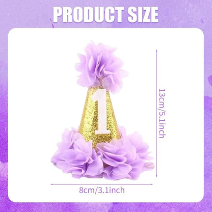 Stock Show 1st Pet Birthday Cone Hat Dogs Cats Holiday Party Hat Headwear Costume with Flowers Accessories and Adjustable Headband for Small Medium Dogs Cats Pets Baby, Purple