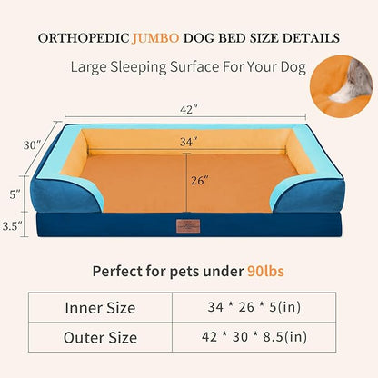 Comfort Expression Orthopedic Dog Bed for Extra Large Dogs 42x30 Inch, Waterproof Egg Crate Foam XL Pet Bed with Removable Bolsters, Dog Couch with Washable Cover & Non-Slip Bottom, Golden Harbor