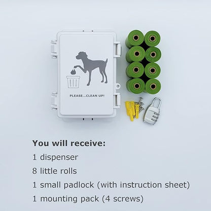 Dog Poop Bag Dispenser Wall Mounted Outdoor Pet Poop Bags Storage Container with Lock, 8 Small Rolls Stake, Pole, Fence Mountable fits Home Commercial Occasion(White dispenser+8 rolls+lock)