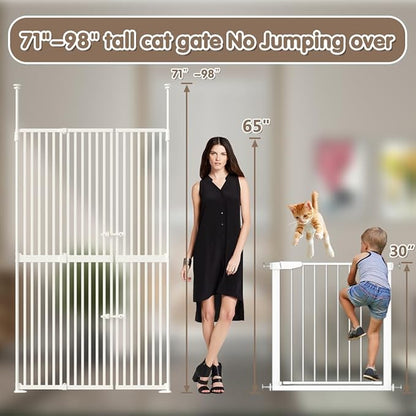 71" Extra Tall Cat Pet Gate, 33.5-47.2 in Wide High Dog Gates for Doorways No Climbing, Kitten Proof Full Door Barrier, Auto Close Large Walk Thru Puppy Gate Pressure Mounted, Indoor White
