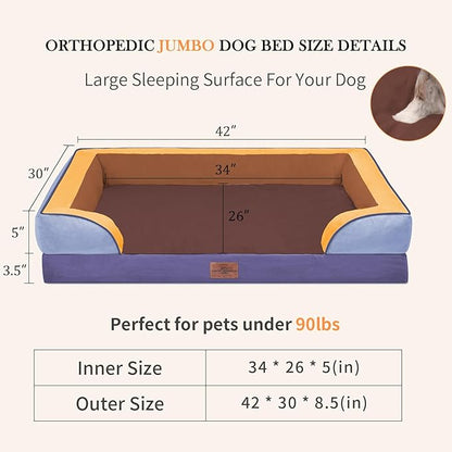 Comfort Expression Orthopedic Dog Bed for Extra Large Dogs 42x30 Inch, Waterproof Egg Crate Foam XL Pet Bed with Removable Bolsters, Dog Couch with Washable Cover & Non-Slip Bottom, Honey Lavender