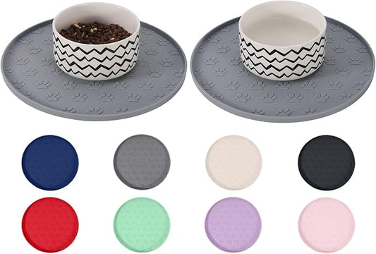 Comtim Waterproof Dog Food Mat - 2 Pack Silicone Pet Food Mat Dog Food Bowl Mats Cat Water Mats Eating Tray, Non-Slip Pet Placemat with Lip for Messy Drinkers to Protect Floor,Light Grey 11"