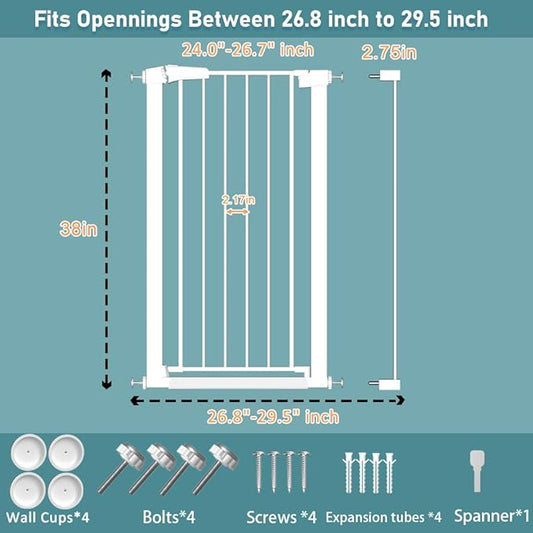 Fairy Baby Narrow Baby Gate 26.8 Inch to 29.5 Inch Wide, 38" Extra Tall Metal Safety Child Gate Auto Close Walk Through Pet Gates Pressure Mounted or Small Stairs and Doorways Indoor No Drill, White