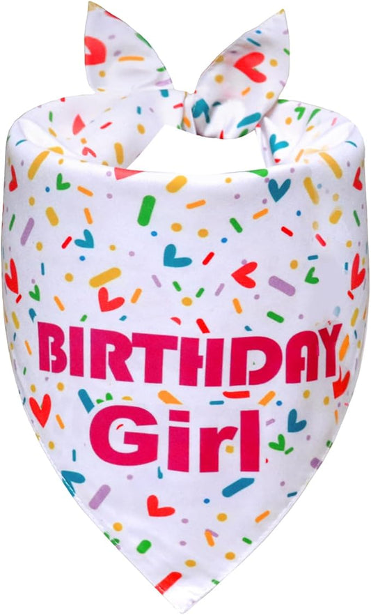 Dog Birthday Bandana Girl for Medium Large Dogs, Reversible 2 Patterns in 1, White & Pink Confetti Scarf, Puppy Party Outfit Gift (14-18" Neck)