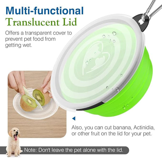Pawaboo Silicone Collapsible Dog Bowls 2 Pack, Blue + Green, 5.1 x 3.5 x 2.1 in, 13 x 9 x 5.5 cm, Lid Included, Portable, Easy Cleanup, Suitable for Small to Medium Dogs