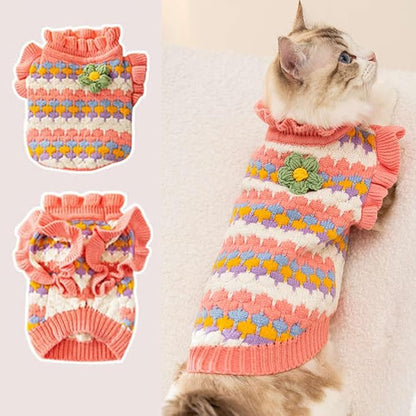 Small Dog Sweater, Knitted Tulip Cat Sweater, Warm Thick Holiday Puppy Clothes for Small Dog Girl,Cold Weather Outfit for Kitten Chihuahua Yorkie Teacup Dachshund Pug (Pink, X-Large)