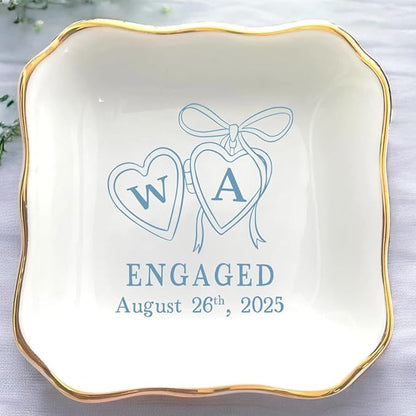 Personalized Locket Wedding Ring Dish, Custom Initial Engaged Rings Holder, Custom Wedding Jewelry Tray, Married Trinket Dishs, Engagement Party Keepsake Gifts for Newly Engaged Couple