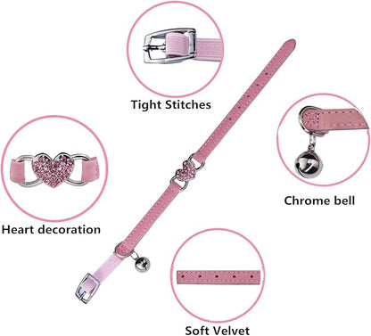 Heart Bling Cat Collar with Safety Belt and Bell Adjustable 8-10 inches for Kitten Cats (Black+Pink)