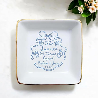 Personalized Ring Dish Engagement Gift, Whimsical Doodle Engaged Ring Holder, Custom Wedding Jewelry Dish, Jewelry Tray Gifts for Newly Engaged Couple Her Bride Wife Bestie