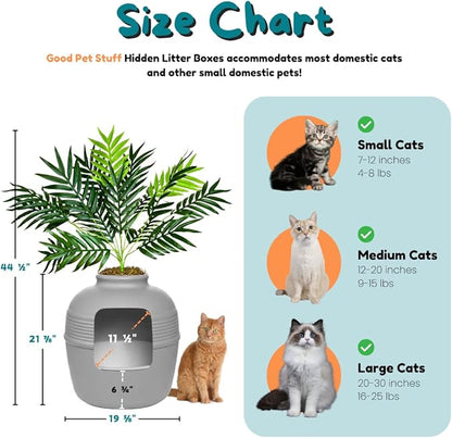 Good Pet Stuff Hidden Litter Box Planter, Decorative Cat Litter Enclosure with Carbon Filter, Artificial Plant, Easy Clean, Removable Liner, Round Style, Essentials Kit, Pebble Gray