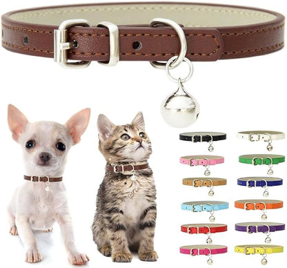 Brown XS Dog Collar with Bell, Soft Pu Leather Cat Collars Adjustable Buckle for XXS Extra Small Medium Tiny Female Male Boys Girls Pets Puppy Kitten Teacup Yorkie X-Small