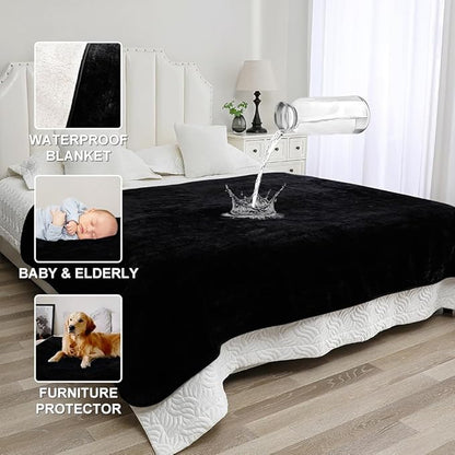 Waterproof Blanket for Beds – Ideal for Couch & Pets Splash Proof Sherpa Throw, Leakproof TPU Layer, Stain Resistant Washable Bed Protector – Black, 90"x 80"