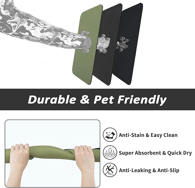 Dog Food Mat - Absorbent Cat Mat for Food and Water, No Stains Pet Feeding Bowl Mat, Easy to Clean Pet Placemats, Quick Dry Dog Water Dispenser Mat for Messy Drinkers | Green 18"x34"