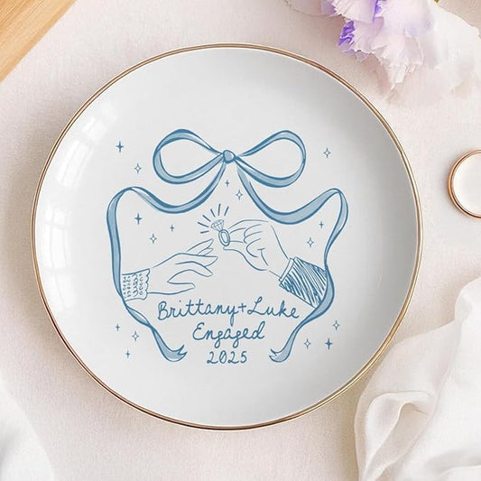 Custom Engaged Ring Dish - Personalized Bow & Rings Exchange Illustration Jewelry Tray, Engagement Trinket Holder Dish, Gifts for Newly Engaged Couple, Bride, Wife, or Bestie