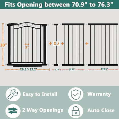 Fairy Baby 70.9"-76.3" Extra Wide Baby Gate for Stairs Doorways, Pressure Mount Pet Gate Auto Close Safety Child Gate, Long Large Dog Gate Indoor for House, 71 72 73 74 75 76 Inches Wide, Black