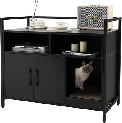 Giantex Cat Litter Box Enclosure - Cat Washroom Hidden Furniture with Front Entry, Scratcher, 2-Door Storage Cabinet, 2 Compartments, Air Vents, Metal Frame, Wooden Pet Crate House (Black)