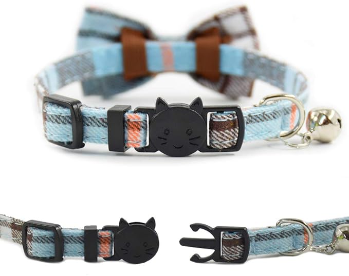 Cat Collar Breakaway with Bell and Bow Tie, Plaid Design Adjustable Safety Kitty Kitten Collars(6.8-10.8in) (Light Blue&Brown)