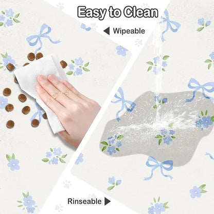 Dog Food Mat for Pet Cat Food Mat, Blue Bows Floral Absorbent Quick Dry Dog Bowl Mats for Food and Water, Non-Slip Cat Pet Feeding Mats for Floor Placemats 12"x20"