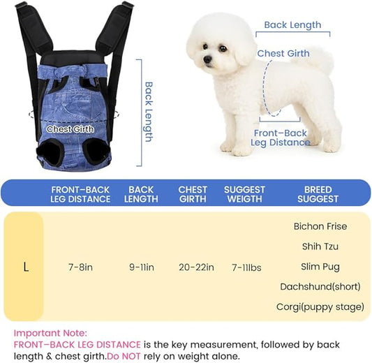 Dog Backpack Carrier, Front Pocket for Essentials, Pet Sling Front Backpacks for Small Medium Dogs 7-11 Lbs, Legs Out, Adjustable Wearable Puppy Chest Travel Bag, Easy-Fit for Hiking/Walking/Camping