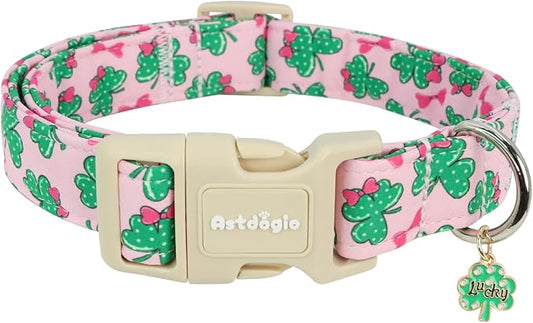 St. Patrick's Day Dog Collar,Pink Bow with Lucky Shamrock Puppy Collar,Adjustable Spring Cotton Collars Gifts for Small Medium Large Dogs,Dog Accessories XS