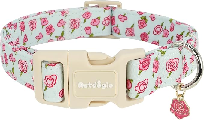 Dog Collar for Medium Dogs, Spring &Summer Theme Blue Medium Dog Collars with Pink Rose Pattern, Adjustable Puppy Dog Collars, Cute Girl or Boy Dog Collar Ideal for Gifts,Pet Accessory