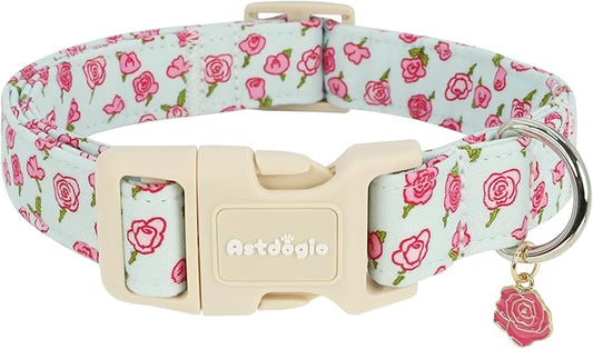 Dog Collar for Medium Dogs, Spring &Summer Theme Blue Medium Dog Collars with Pink Rose Pattern, Adjustable Puppy Dog Collars, Cute Girl or Boy Dog Collar Ideal for Gifts,Pet Accessory