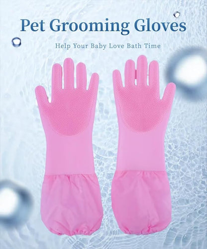 Dog Bathing Gloves - Long-Sleeved Silicone Gloves, High-Density Massage Column Design, Suitable for Bathing, Massaging and Combing Cats and Dogs at Home or in Pet Shops