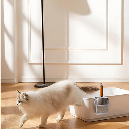 Rustproof & Unbreakable 304 Stainless Steel Metal Cat Litter Scoop with Holder Stand, One-Piece Pressed Design with No Welds, Easy Bottom Scooping, Reinforced Anti-Break Handle