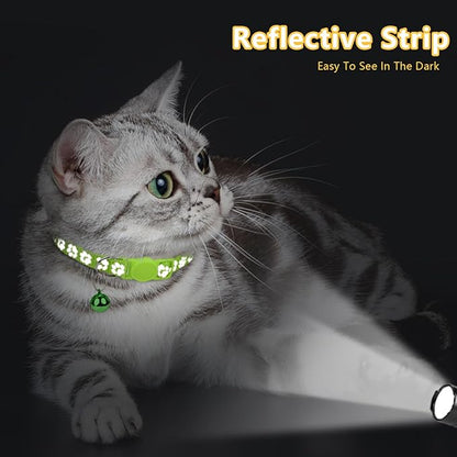 Taglory Reflective Cat Collar Breakaway with Bells, 2 Pack Girl Boy Pet Cat Collar Adjustable 7.5-12.5 Inch, Green
