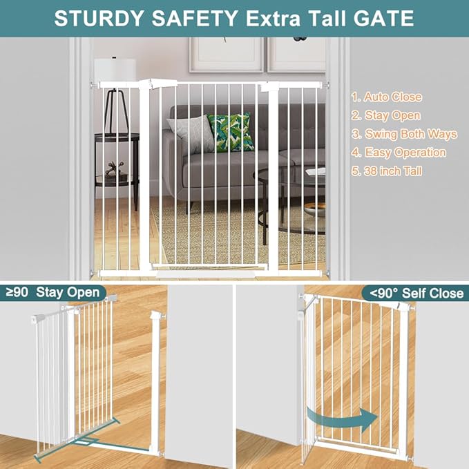 Fairy Baby 38" Extra Tall Baby Gate for Stairs, 76.4"-81.8" Extra Wide Large Pet Gate for Doorways, Metal Pressure Mounted Auto Close Safety Child Dog Gate Indoor for Toddler Kids or Pets, White