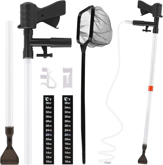Aquarium Gravel Cleaner, Fish Tank Cleaner Kit, Aquarium Manual Press Noiseless Water Changer, Including Net,Thermometers & Cleaning Accessories for Fish Tank Maintenance