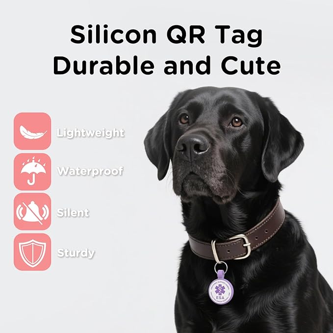 ESA Dog Tag, QR Code Dog Tag, Modifiable Free Pet Online Profile, Scannable QR Code, Scan QR Send Instant Location Alert Email, Silicone Lightweight ID Tag for Dog and Cat (Purple, Regular)